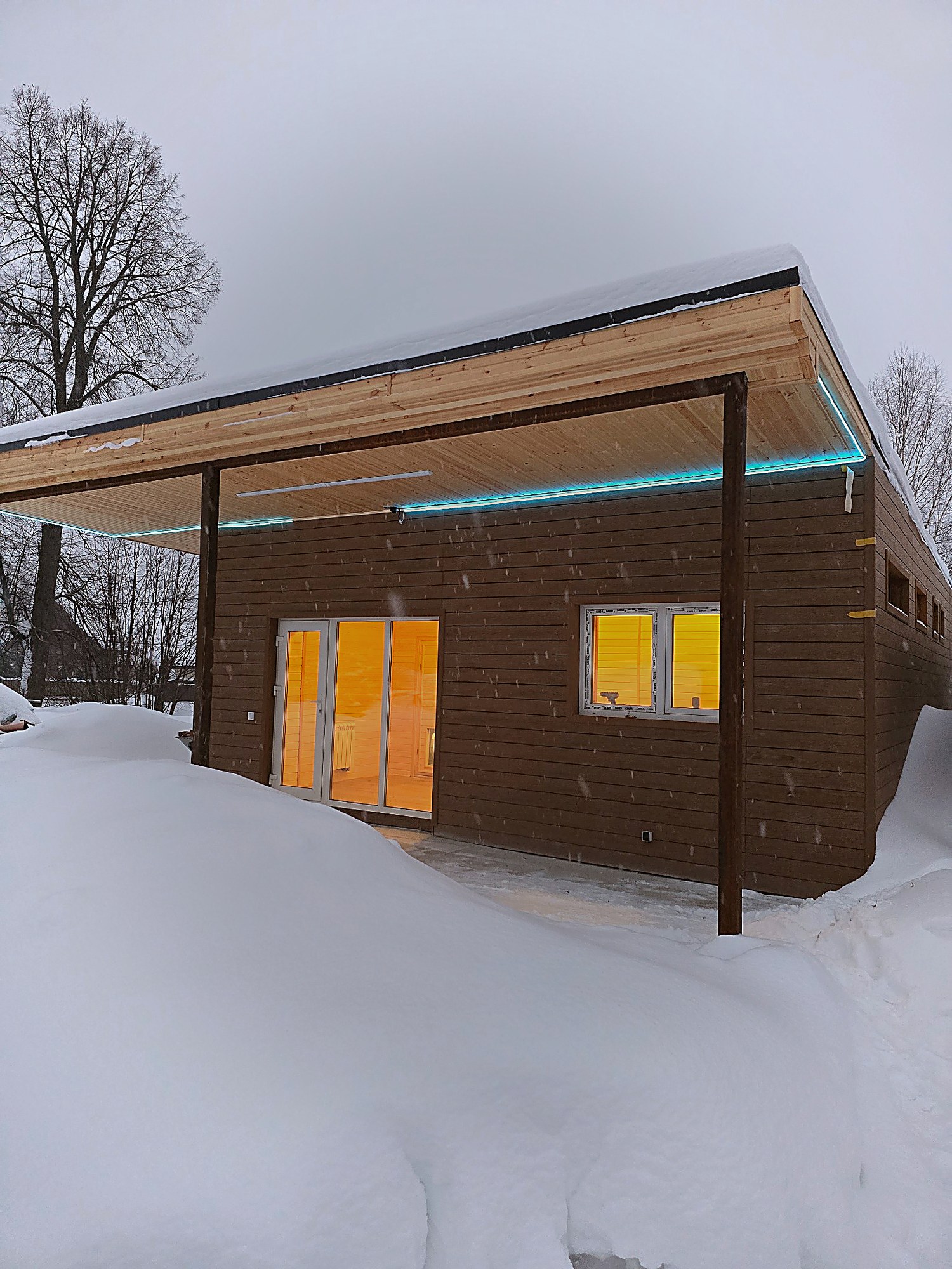 Экстерьер — лес вокруг и уютный свет